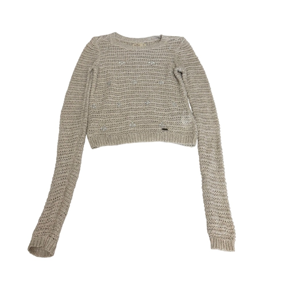 Hollister Womens XS Cropped Open Knit Metallic Sweater Rhinestone Flower Gold